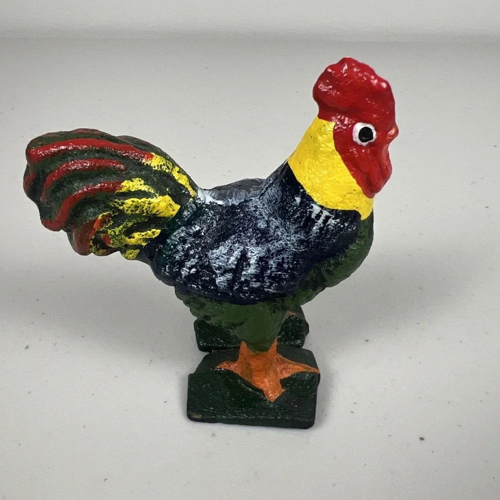 Vintage Rooster Cast Iron Chicken Hand Painted‎ Figurine Decor Paper Weight